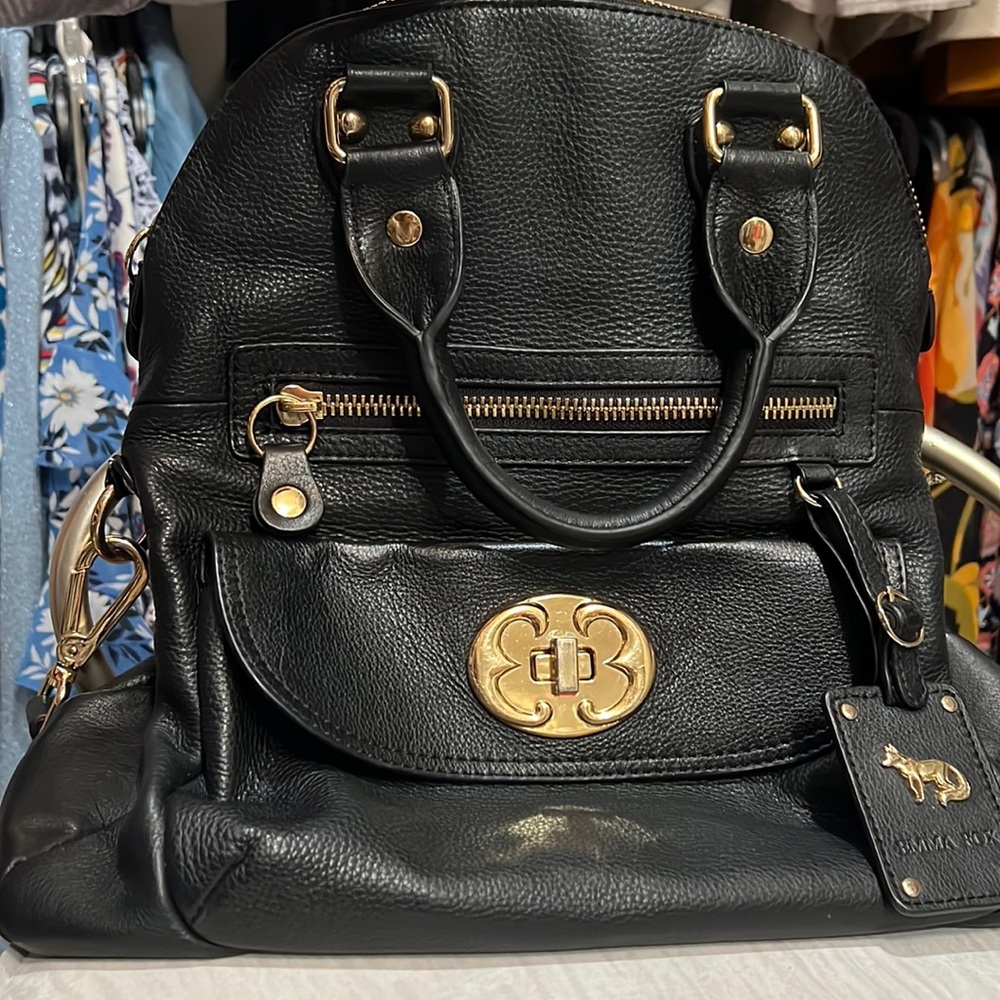 Emma Fox Black Convertible Shoulder Hand Bag Fold-over Satchel Leather Purse
